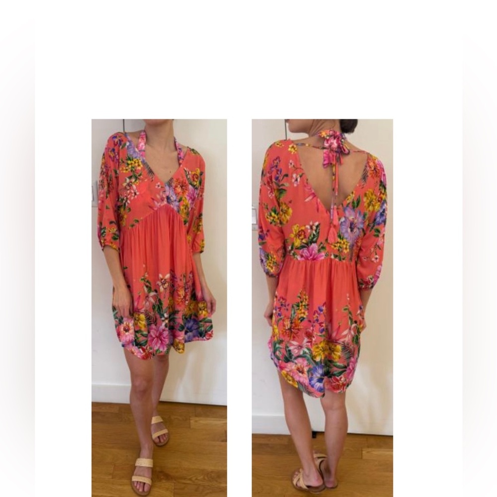 Johnny Was Coral Floral V-Neck Tie-Back - Dress, L. NWT.